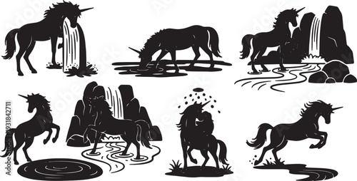 Black Solid Waterfall Grooming Unicorn Silhouettes Set of Six on White Background