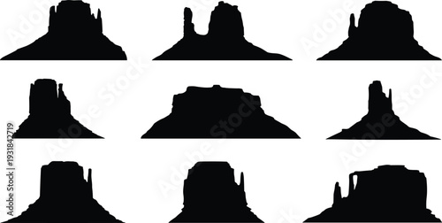 Butte rock formation silhouettes grid, desert landscape icons, geological erosion design, Monument Valley inspired, minimal vector art, natural landform collection