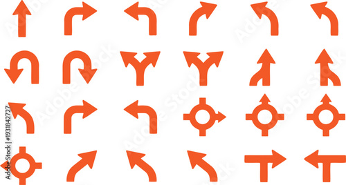 Collection of various orange directional arrows on white background for navigation and direction  symbolizing movement and guidance