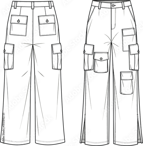 Fashion flat sketch set, sleeveless jumpsuits, long sleeve wrap midi dress, cargo pants vector, technical drawing illustration, white, outfit template.