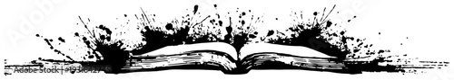 Open book banner with dynamic black ink splatters and creative artistic grunge textures