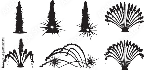 Black Solid Water Fountain Light Silhouettes Set of Six on White Background