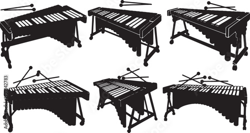 Black Solid Xylophone Silhouettes Set of Six on White Background