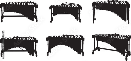 Black Solid Xylophone Silhouettes Set of Six on White Background