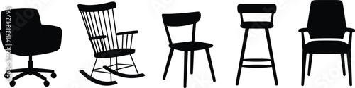 Chair silhouette illustration set, office chair vector, rocking chair icon, dining chair design, bar stool symbol, modern furniture background