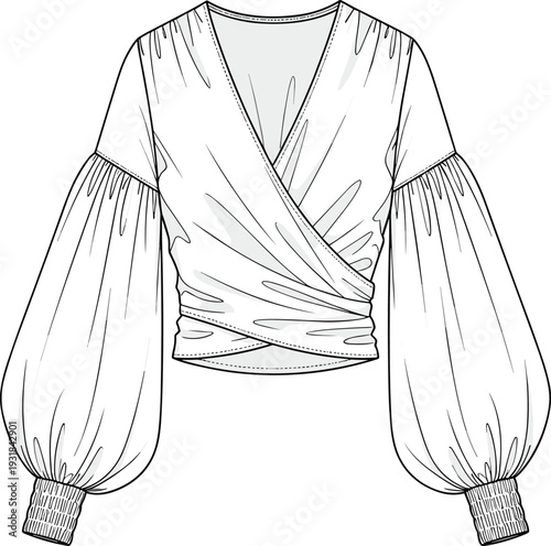 Flat fashion technical sketch of a women's wrap top featuring deep V-neckline, long puff lantern sleeves, and smocked elastic cuffs.