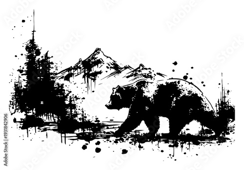 Wild bear walking in a mountain landscape with trees in black ink splatter style