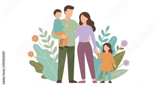 Happy family with two children in a flat vector nature illustration