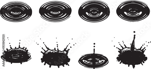 Black Solid Water Ripple Splash Set of Six on White Background
