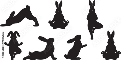 Black Solid Yoga Breathing Bunny Set of Six on White Background