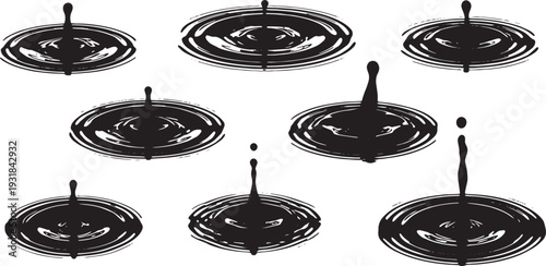 Black Solid Water Ripple Rings Set of Six on White Background