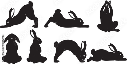 Black Solid Yoga Bunny Silhouettes Set of Six on White Background