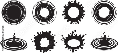 Black Solid Water Ripple Splash Set of Six on White Background