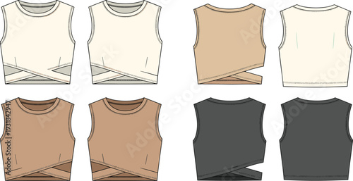Women sleeveless crop top collection vector illustration, asymmetrical wrap hem tank tops in neutral colors fashion apparel set