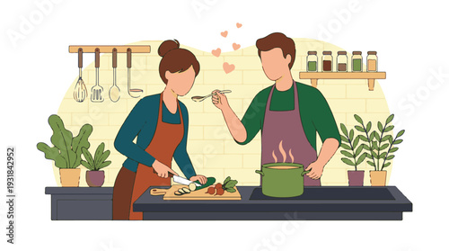 Romantic couple cooking and tasting food in a kitchen, shared activity