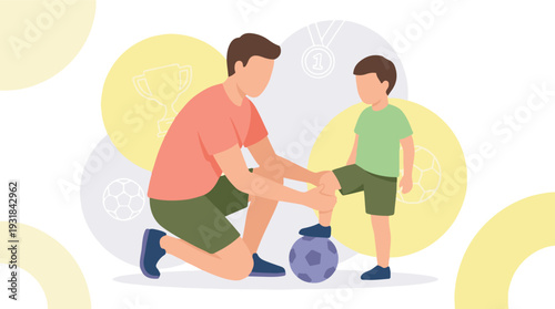 Father teaching son soccer, a moment of family sports activity and achievement