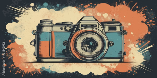 Vintage Camera Illustration with Colourful Paint Splash Background – Retro Photography Concept in Grunge Style.