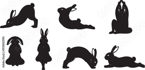 Black Solid Yoga Bunny Silhouettes Set of Six on White Background