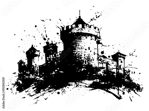 Medieval castle fortress with towers in dramatic black ink splatter style