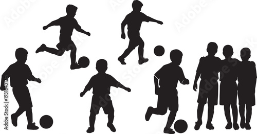 Black Solid Youth Soccer Silhouettes Set of Six on White Background
