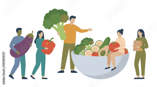 Group of people promoting healthy eating with giant vegetables and salad bowl