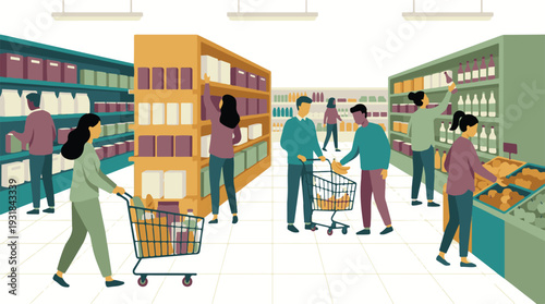 Diverse people buying groceries and products in a busy supermarket aisle