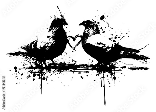 Two pigeons in love forming a heart shape in expressive ink splatter style