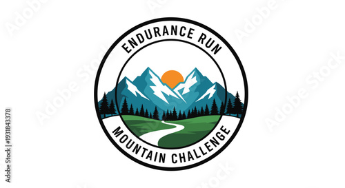A circular emblem for an Endurance Run Mountain Challenge features mountains, pine trees, a sunset, and a winding path.