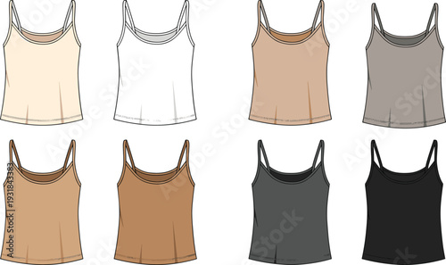 Women tank top collection set, blank sleeveless camisole mockup template, casual summer apparel vector illustration isolated on light background