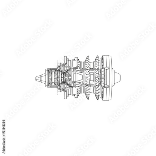 A technical drawing of a mechanical device with various parts