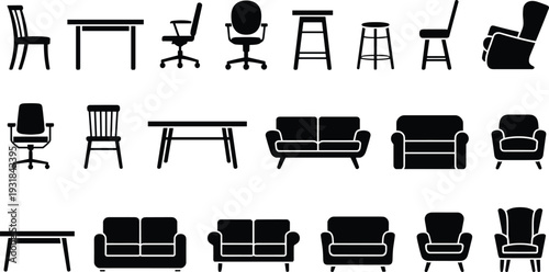 Furniture silhouette icon set, chair table sofa vector, armchair illustration design, interior decor symbol, home furniture pattern, seating arrangement background