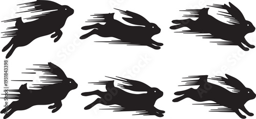 Black Solid Zoomies Bunny Silhouettes Set of Six on White Background