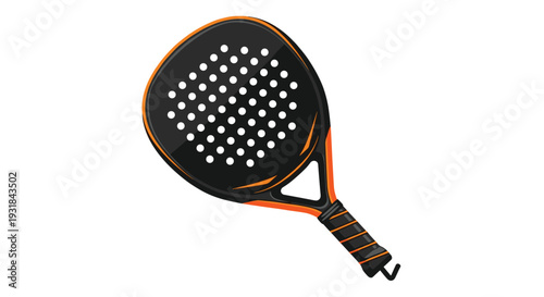 A black and orange padel racket with a perforated striking surface and textured handle is prominently displayed against a clean white background.