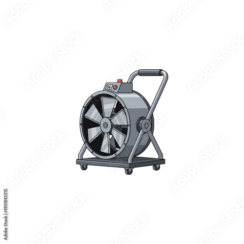 A large metal fan on a wheeled stand