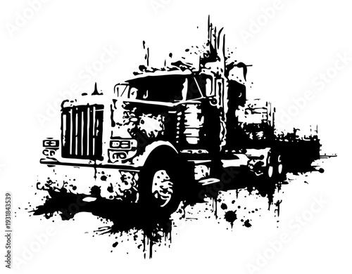 Heavy duty semi truck transport vehicle in artistic black ink splatter style
