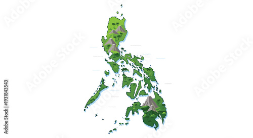 A vibrant green illustrated map of the Philippines showcases its numerous islands adorned with stylized mountains and palm trees.