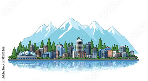 A detailed illustration presents a bustling city skyline with modern buildings, dense pine forests, and towering mountains reflected in a serene lake.