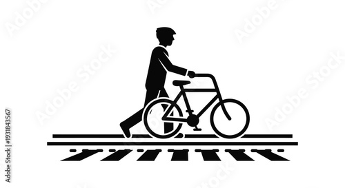 A black silhouette of a cyclist walking alongside their bicycle on a white background a simple image silhouette high quality professional