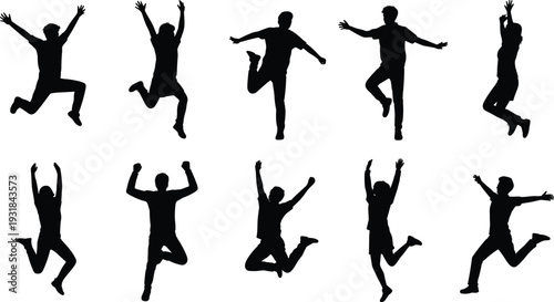 Jumping people silhouettes, dynamic poses, male and female figures, joy expression, freedom concept, celebration illustration, dance movement, happiness design, active lifestyle, motion