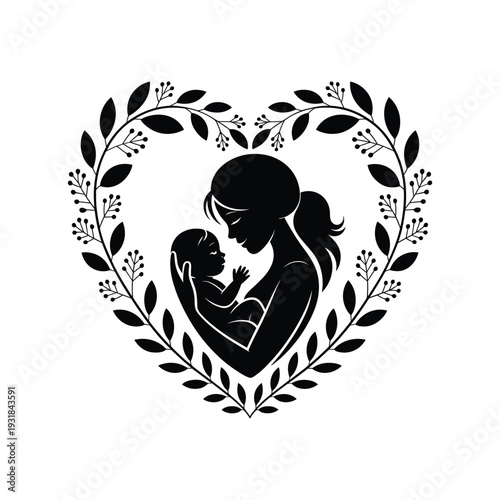 Motherhood love silhouette embraces baby within a floral heart frame art design