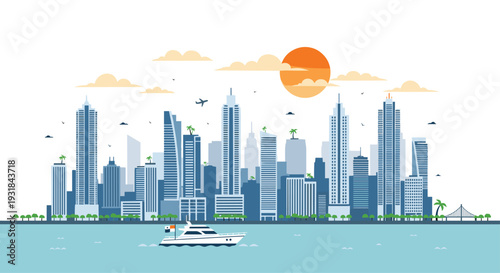 A panoramic cityscape with numerous blue and grey skyscrapers, a white yacht on the water, and an orange sun with clouds in the sky, is presented against a white background.