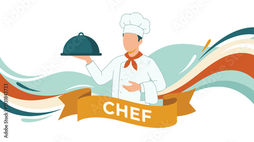 Professional chef holding a cloche, with 'CHEF' banner and abstract background