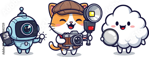 Cartoon cat detective with robot and cloud investigating using camera, magnifying glass, checklist, flashlight, and cheerful teamwork