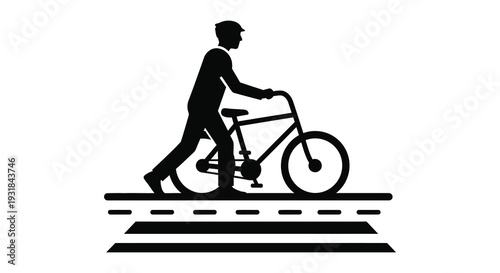 A black silhouette of a person walking alongside a bicycle on a road displaying a minimalist style silhouette high quality professional