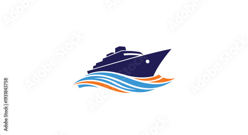 A dark blue cruise ship with multiple decks is depicted sailing on vibrant orange and blue stylized waves against a clean white background.