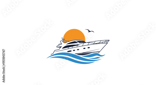 A white motor yacht cruises on blue stylized waves under a large orange sun with two birds flying above, set against a clean white background.