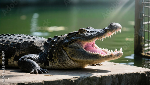 Large alligator with open mouth showing sharp teeth on concrete edge by water