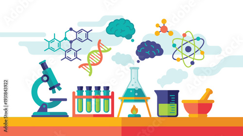 Scientific research and education concept with lab equipment and symbols