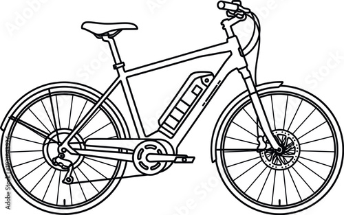 Simple line art illustration of a modern electric bicycle with visible battery and components