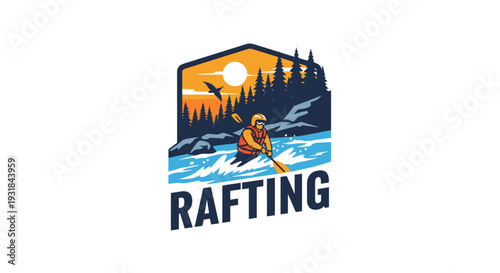 A bold graphic logo features a lone kayaker navigating rapids within a shield emblem, set against a sunset, pine forests, and mountains.